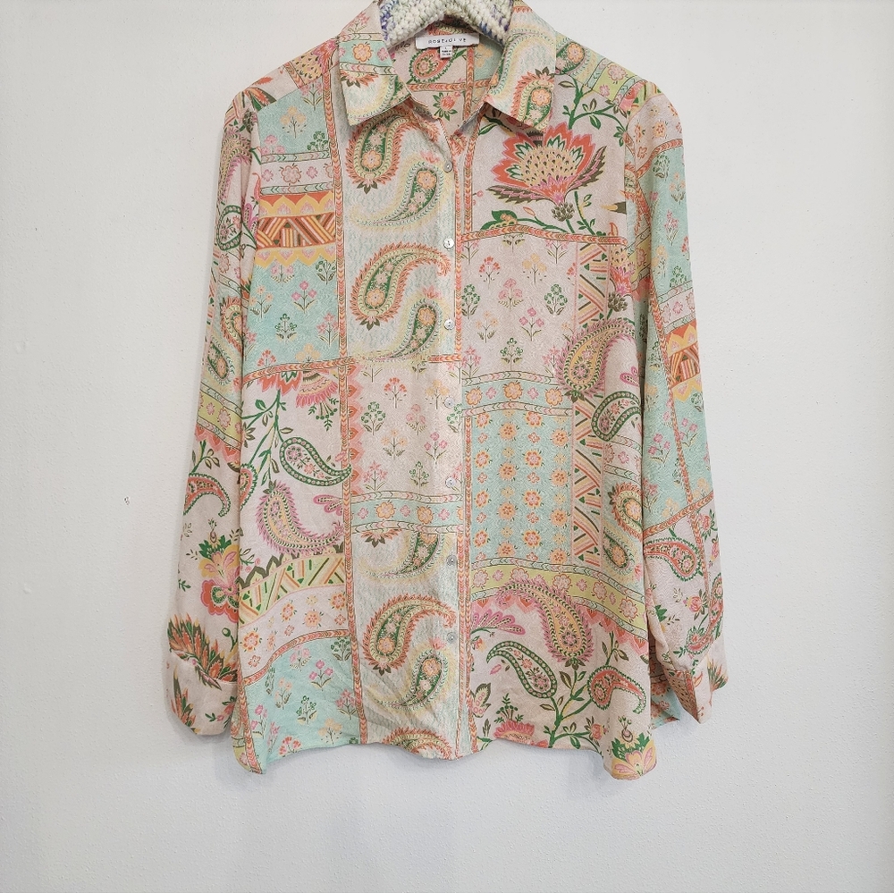Rose + Olive Paisley Patchwork Button-Down Blouse… - image 3